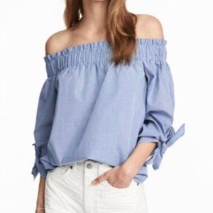 H&M-Blue White Checkered Off The Shoulder Top